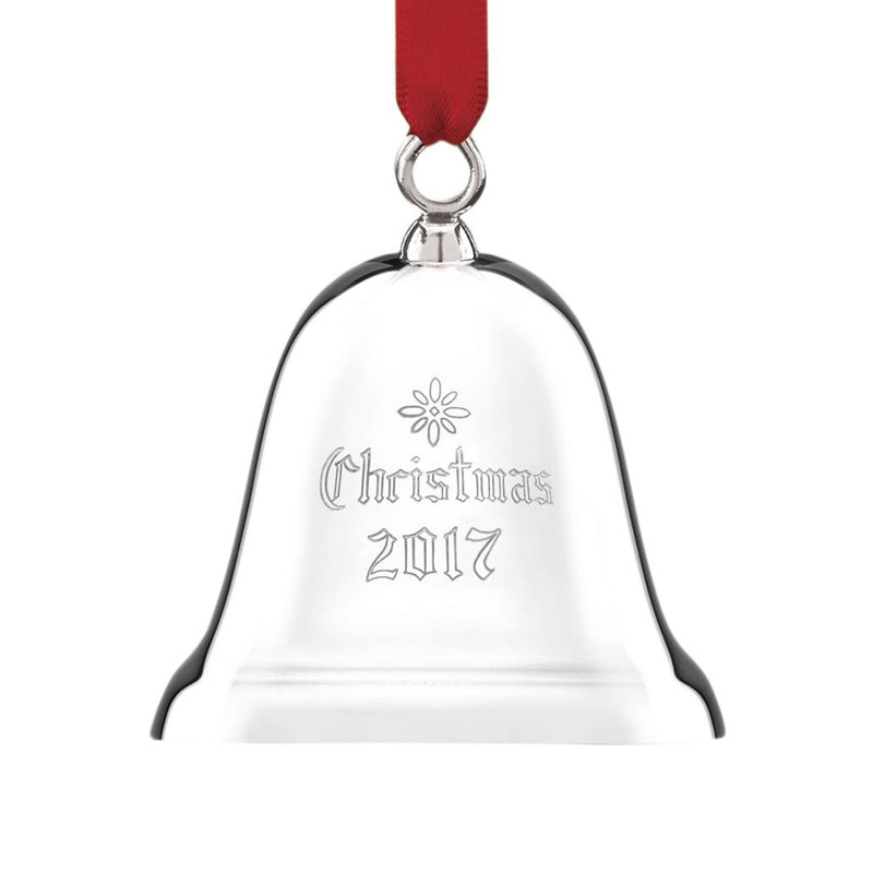 Sterling silver Christmas bell ornament with red ribbon, engraved Christmas 2017