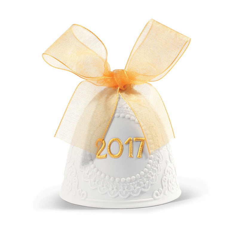 Lladro porcelain bell ornament with white base, orange ribbon bow, and gold 2017