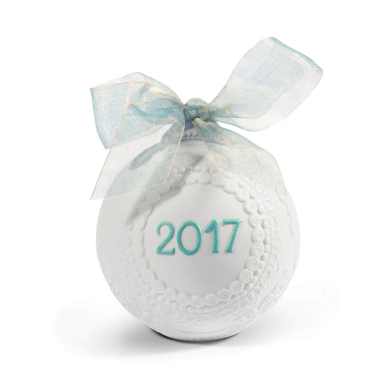 Lladro 2017 porcelain ball ornament with 2017 medallion and blue bow ribbon