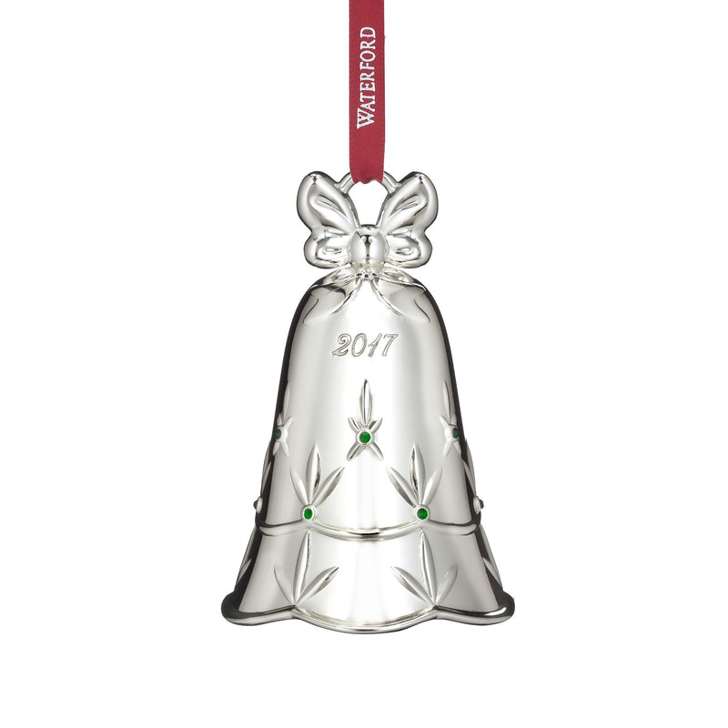 Silver plate bell ornament with ribbon, 2017 engraving, floral cutouts, green accents