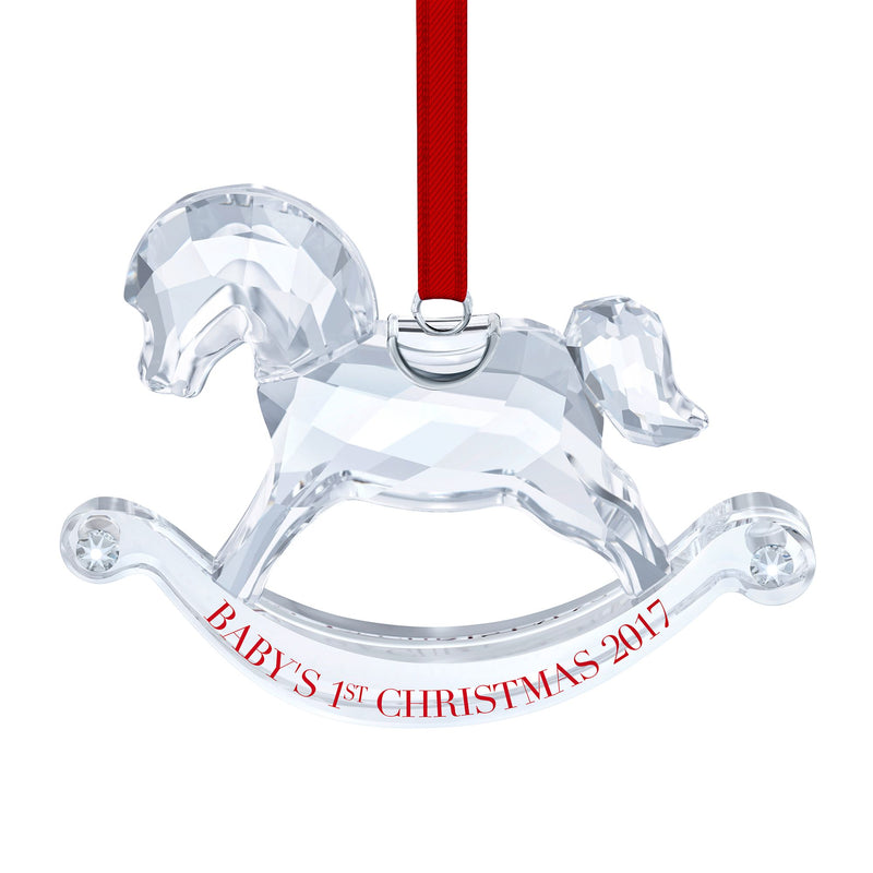Clear crystal rocking horse ornament with red ribbon, engraved 