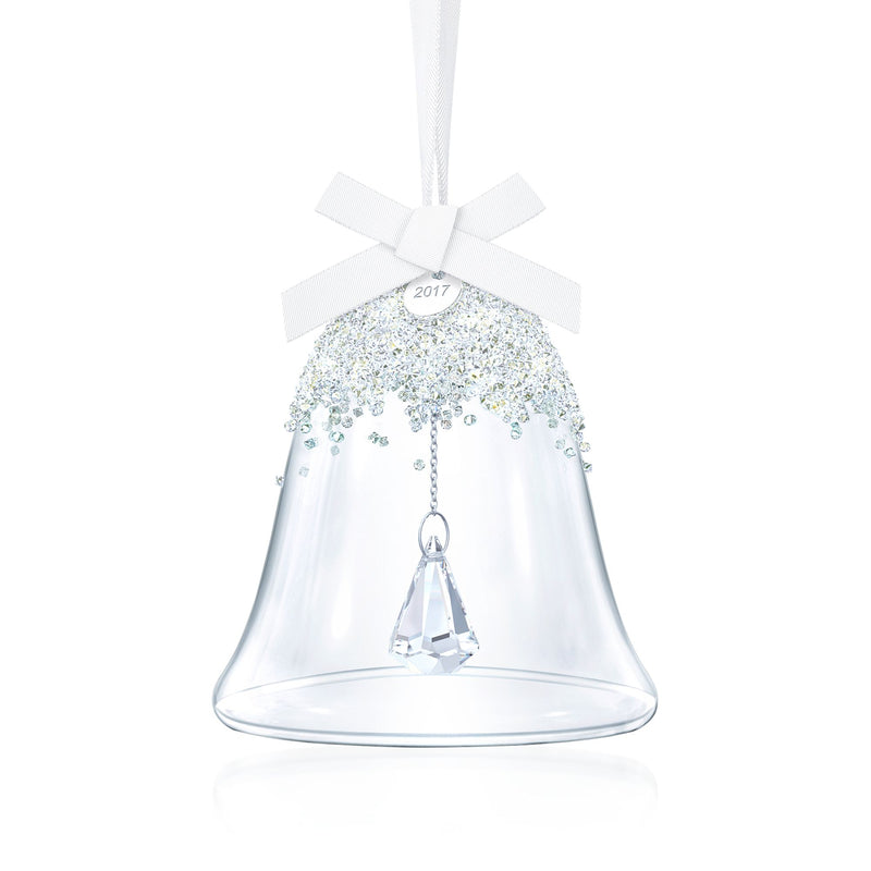 Swarovski annual crystal Christmas bell ornament with ribbon, engraved 2017, hanging loop