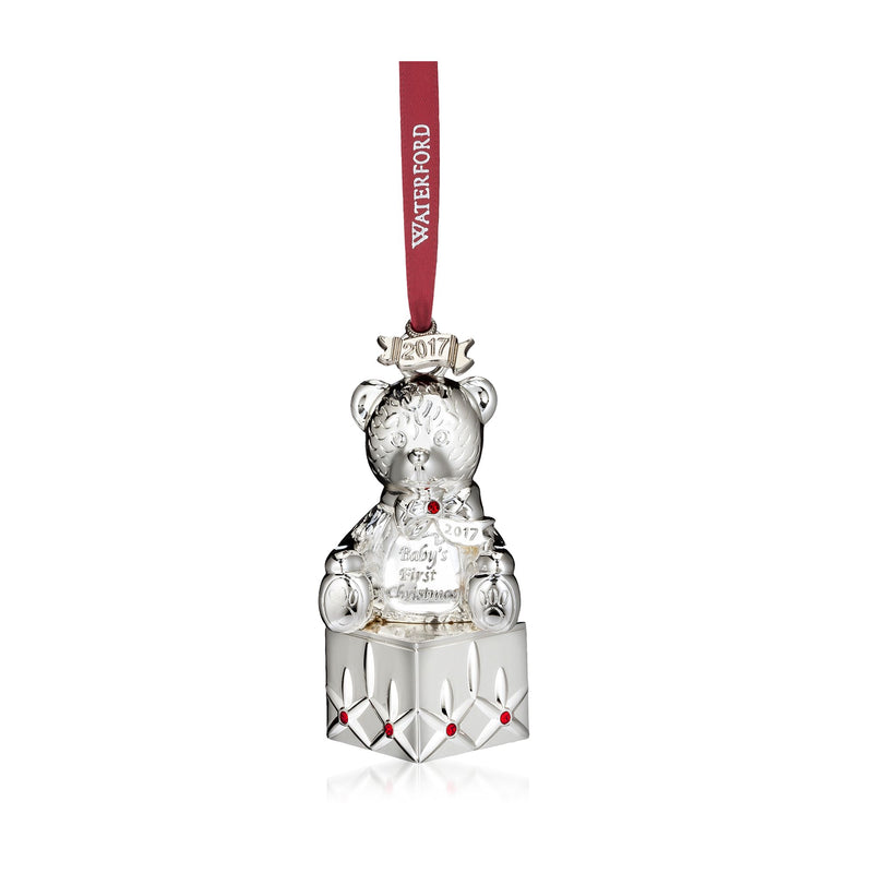 Waterford 2017 teddy bear ornament, silverplate with red crystals and ribbon