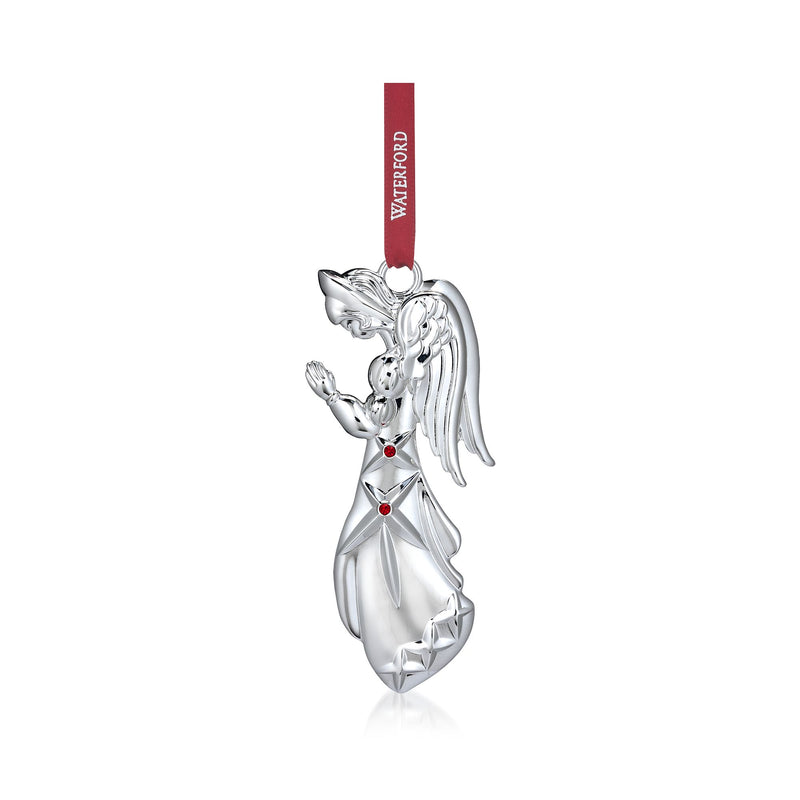 Silverplate angel ornament with red crystal accents, hanging ribbon loop