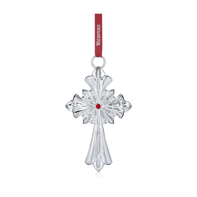 Waterford silverplate cross ornament with red crystal on red hanging ribbon