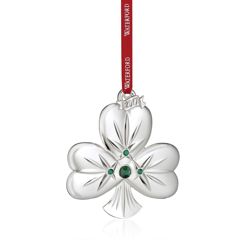 Waterford 2017 silverplate shamrock ornament with green crystals, hanging ribbon