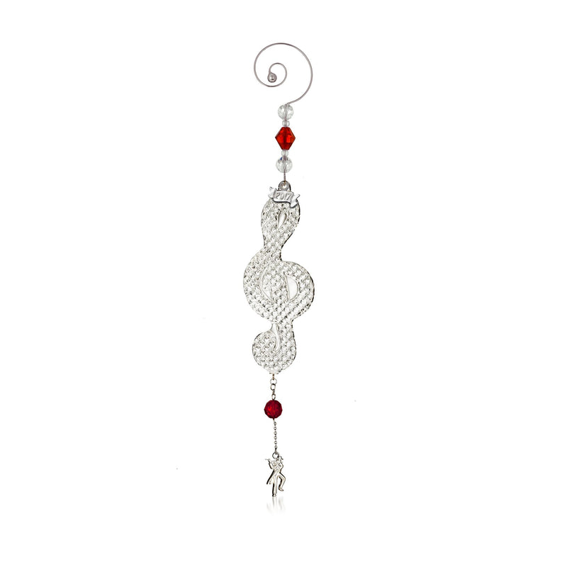 Waterford crystal Christmas ornament with clear facets, red beads, and hanging chain.