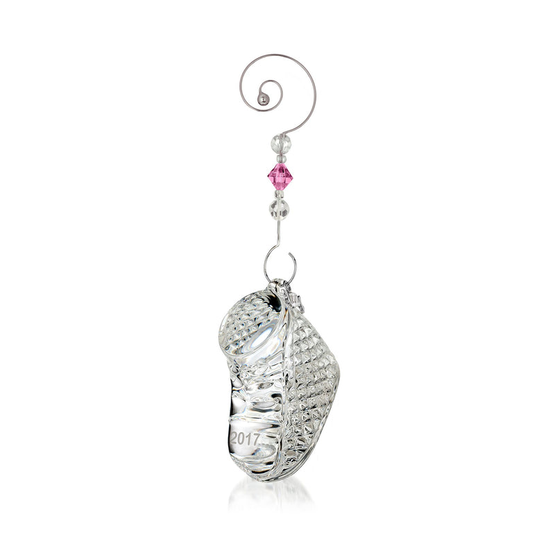 Waterford 2017 crystal bootie ornament with pink and clear hanging charms