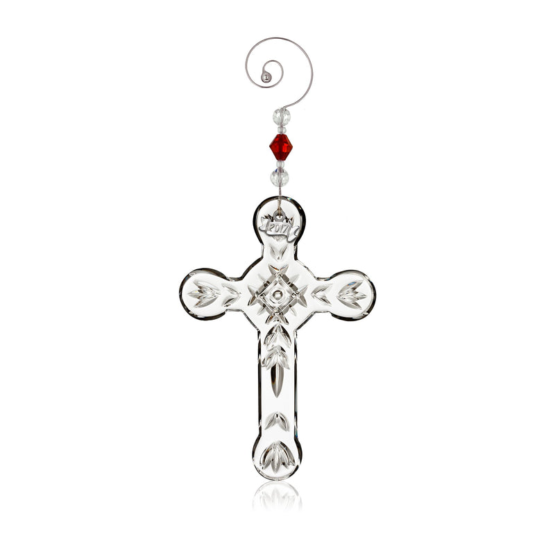Crystal cross ornament with clear facets, red bead, and hanging hook