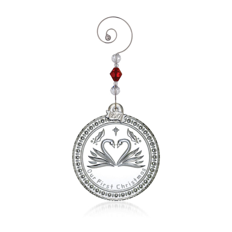 Round silver-toned crystal Christmas ornament with heart-and-wings design and red bead drop
