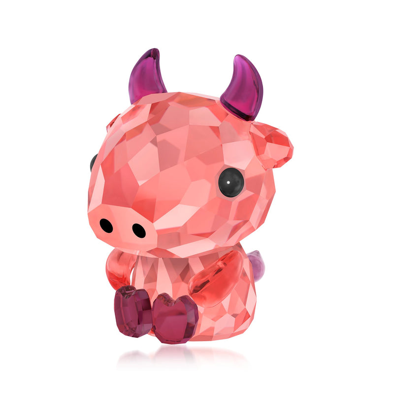 Swarovski crystal ox figurine, pink faceted with dark eyes and raised horns
