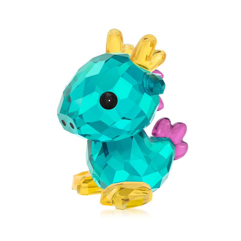 Swarovski crystal dragon figurine with teal facets, gold claws, and purple detail, black eye.