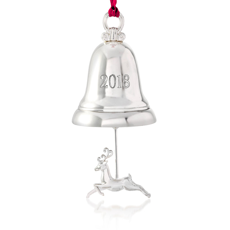 Lenox 2018 silver plate bell ornament with red ribbon and 2018 engraving