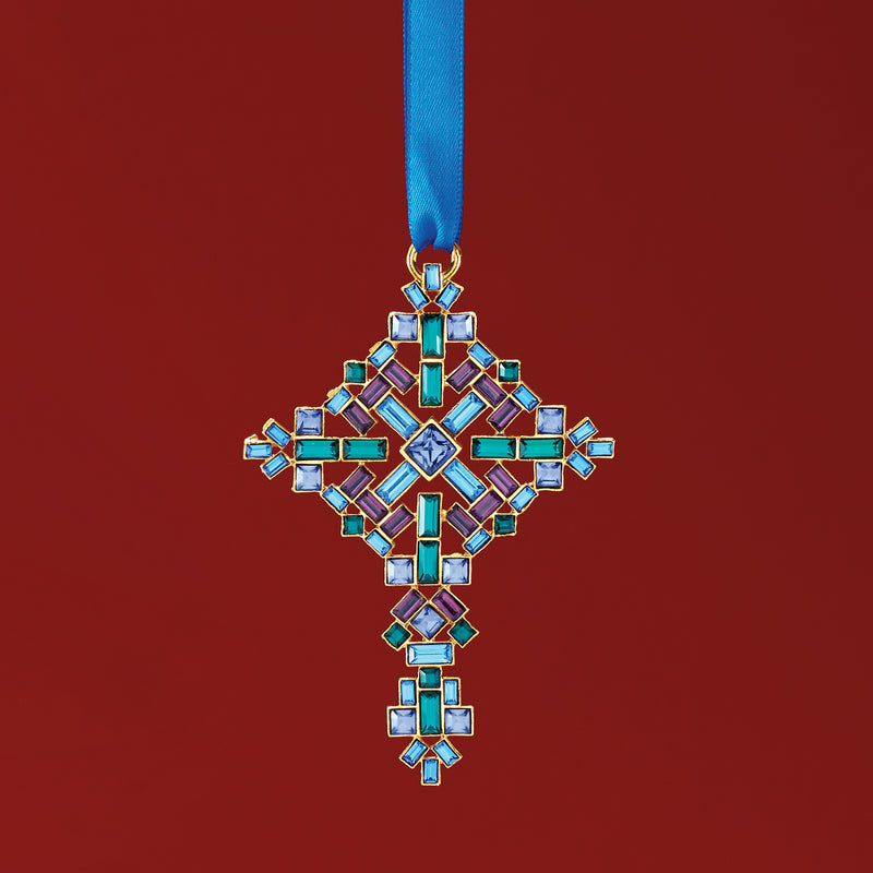 Ross-Simons crystal cross Christmas ornament with multicolor gems, gold-tone frame and blue ribbon