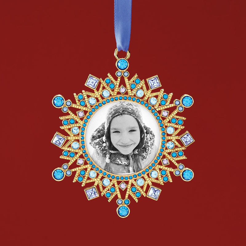 Gold-tone crystal holiday photo frame ornament with blue and purple stones, hanging