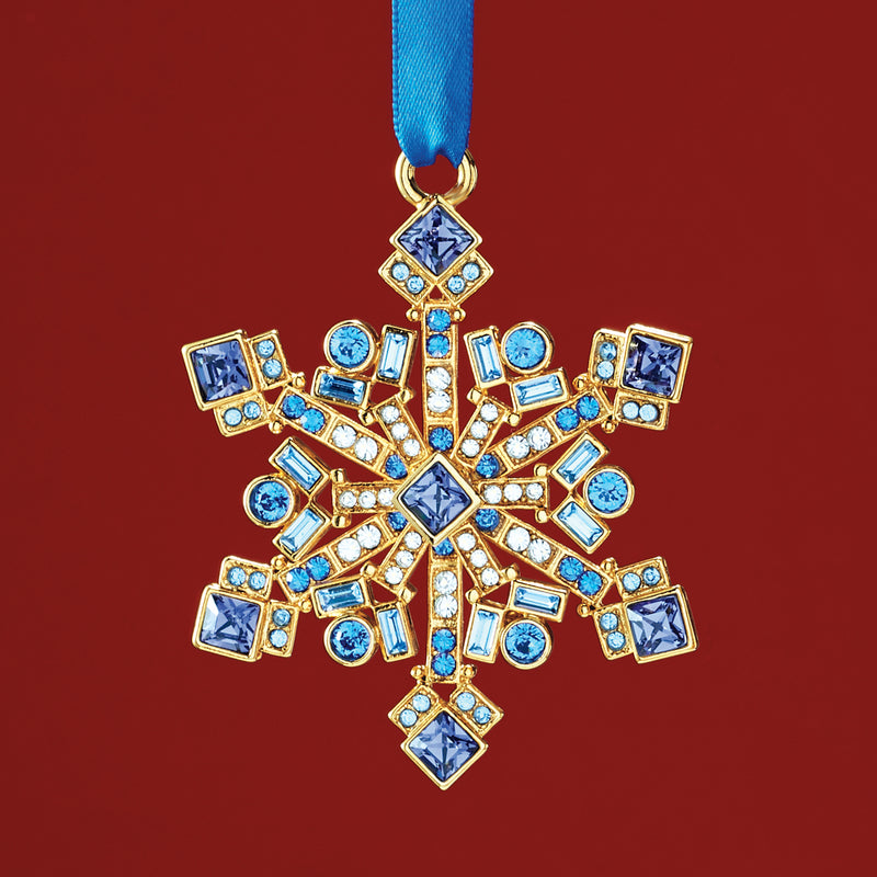 Gold-plated crystal snowflake ornament with blue multicolor gems