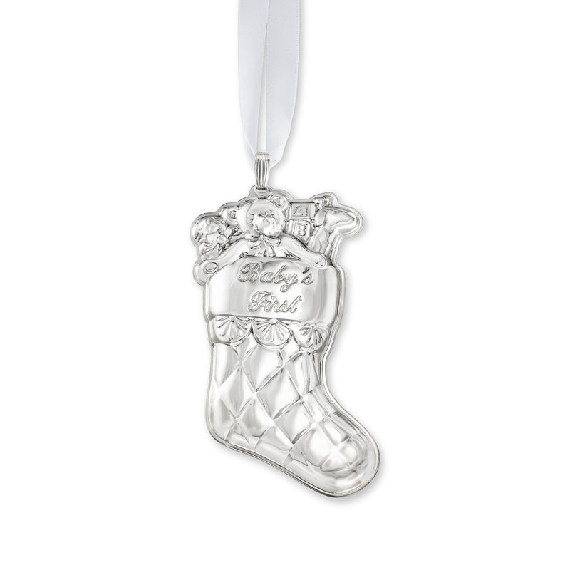 Sterling silver baby's first Christmas stocking ornament with ribbon hanger