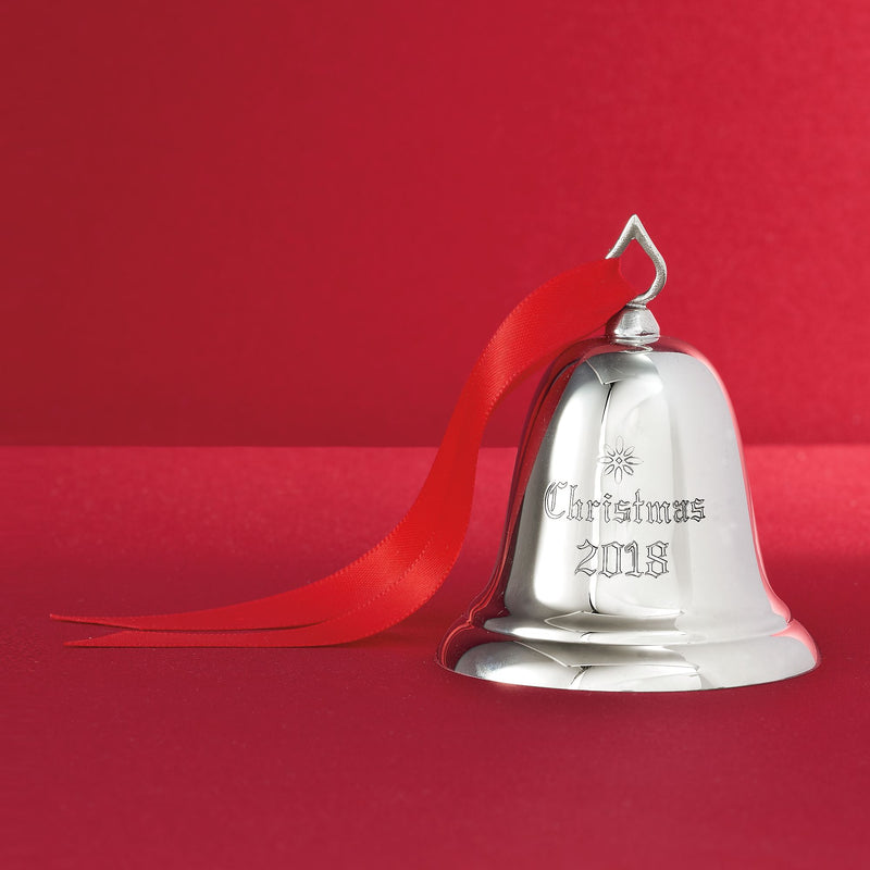 Sterling silver Christmas bell ornament with red ribbon, engraved 'Christmas 2018'
