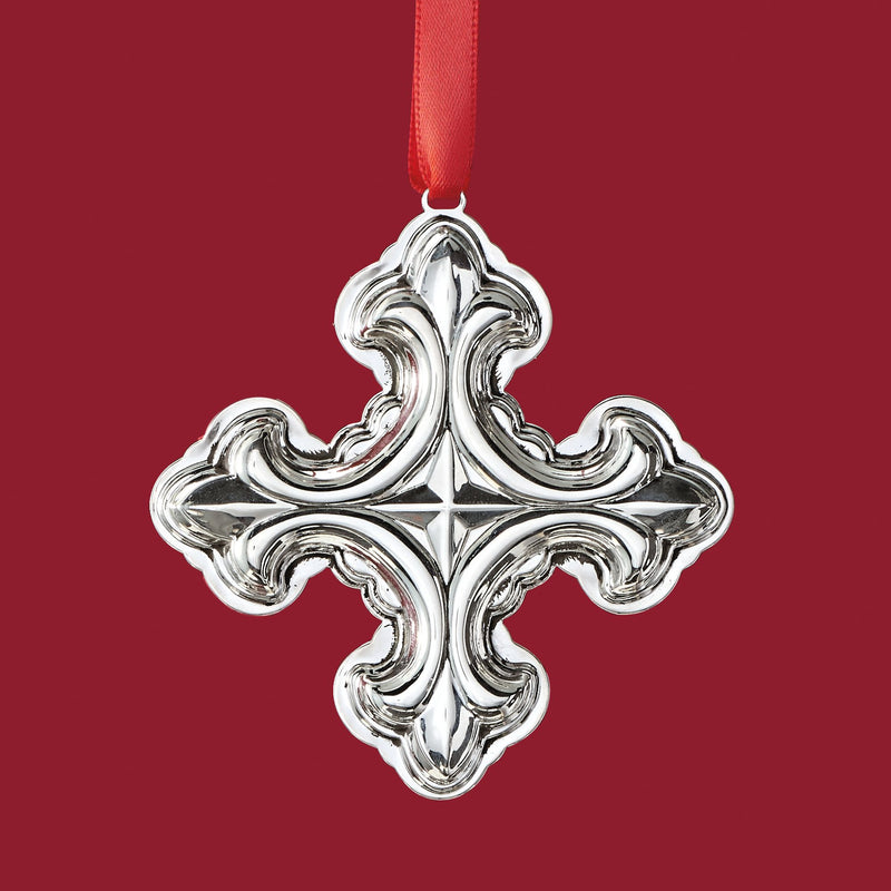 Reed & Barton sterling silver Christmas cross ornament with red hanging ribbon