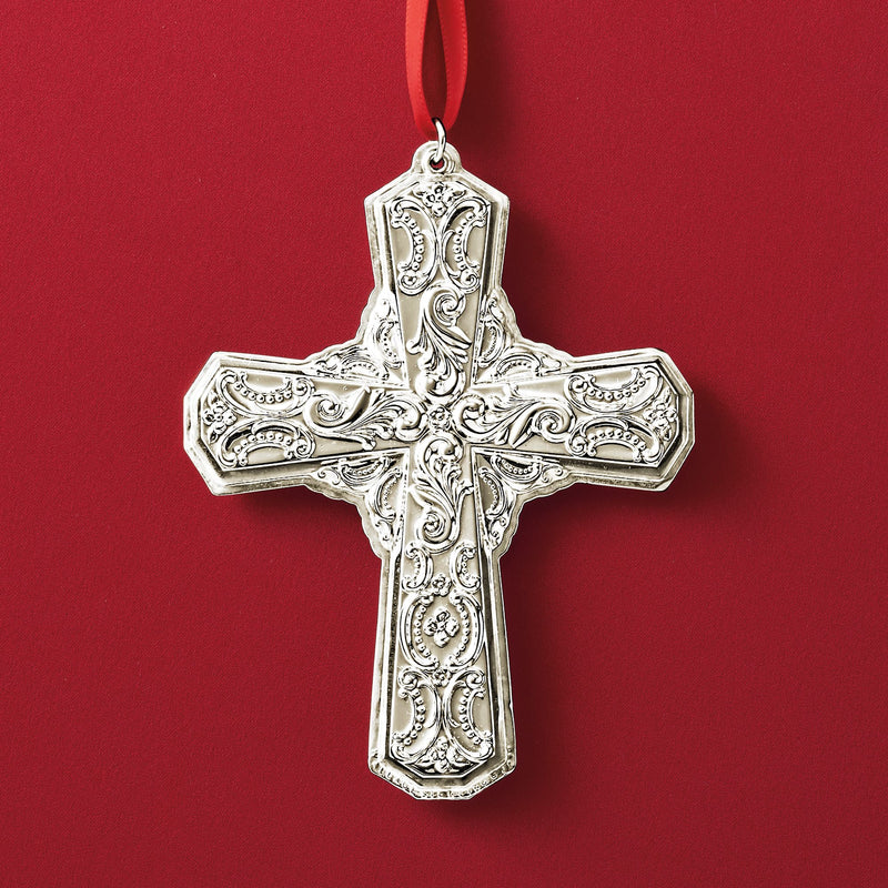 Sterling silver baroque cross ornament with hanging loop and ornate scrollwork