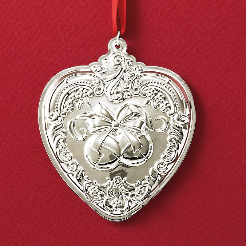 Wallace sterling silver heart ornament with ornate baroque detailing and bow centerpiece