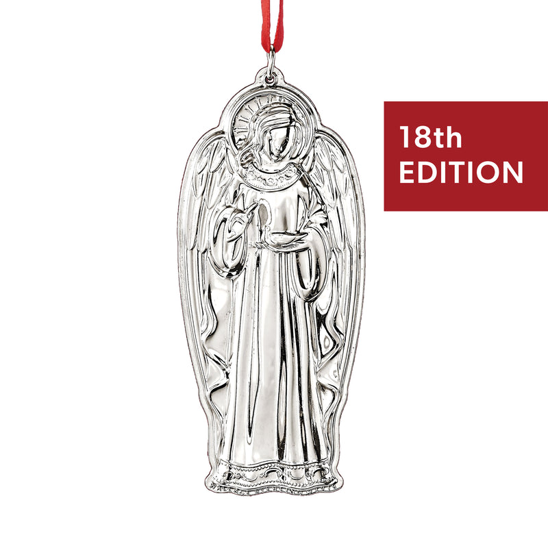 Wallace sterling silver angel ornament with red ribbon, engraved standing pose.