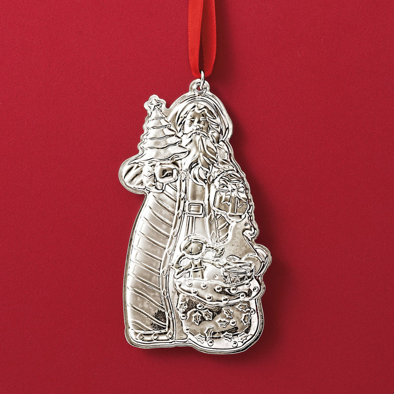 Sterling silver Santa ornament with etched details and hanging loop, reflective finish