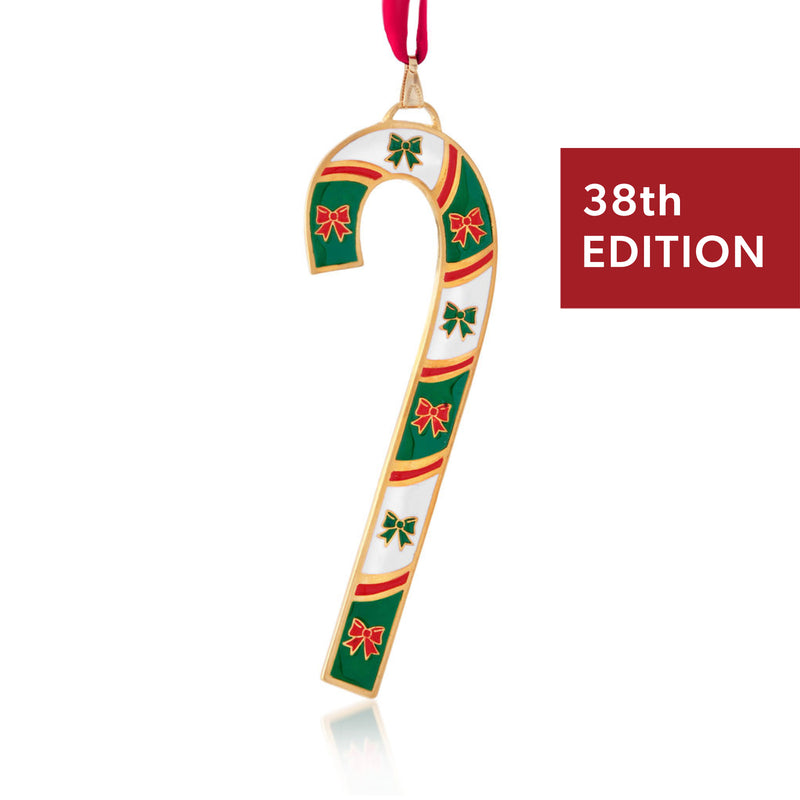 Candy cane ornament with red and green enamel and gold trim, 38th Edition