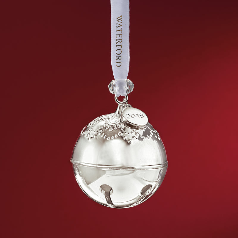 Waterford 2018 Silver Bell silver-plated ornament with hanging ribbon and 2018 medallion