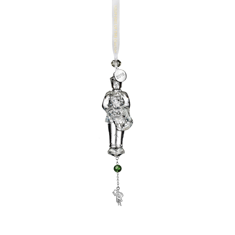 Waterford 2018 crystal drummer ornament with green beads and hanging tag