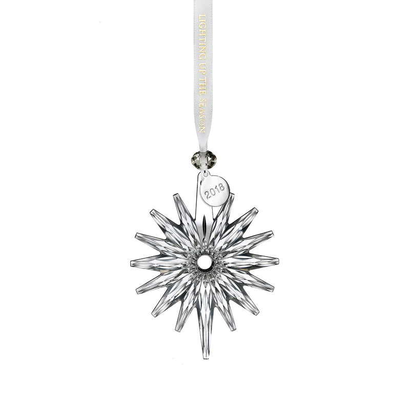 Waterford 2018 annual snow crystal ornament, silver snowflake with hanging ribbon