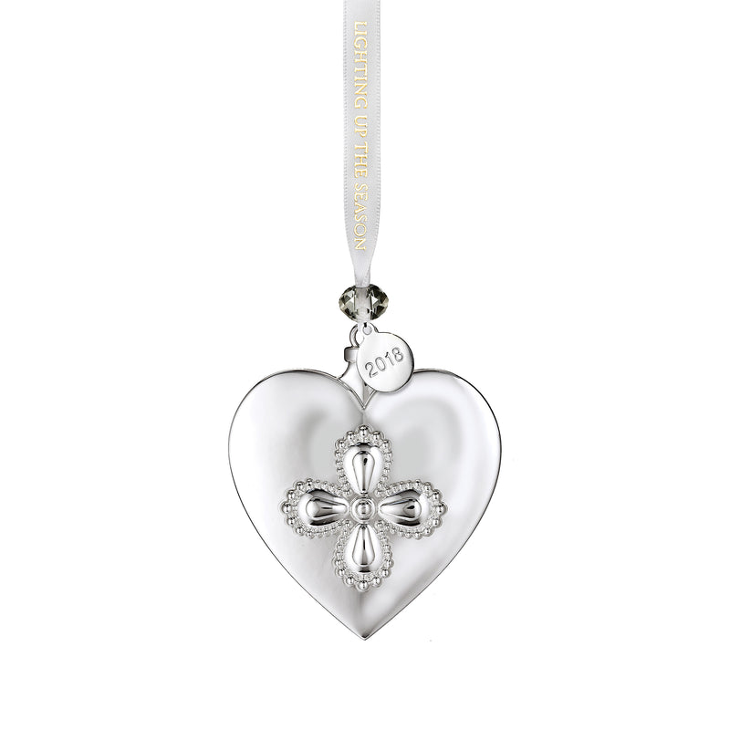Waterford 2018 heart silver plate ornament with hanging ribbon and cross-like emblem