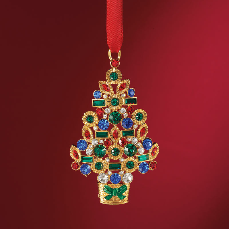 Gold-plated jeweled Christmas tree ornament with green, blue, red crystals and ribbon