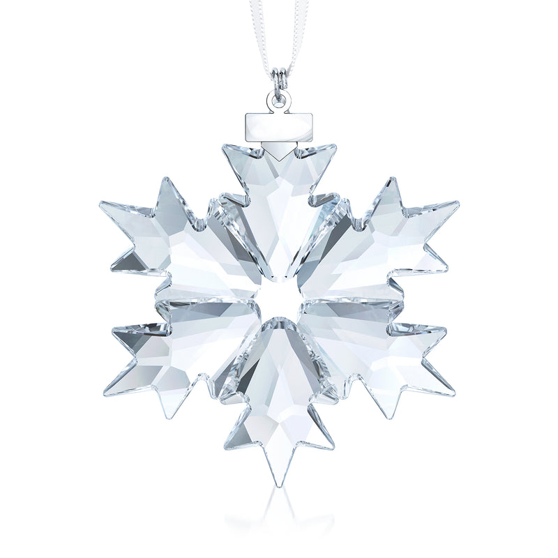 Swarovski crystal snowflake ornament with faceted clear design and hanging silver clasp