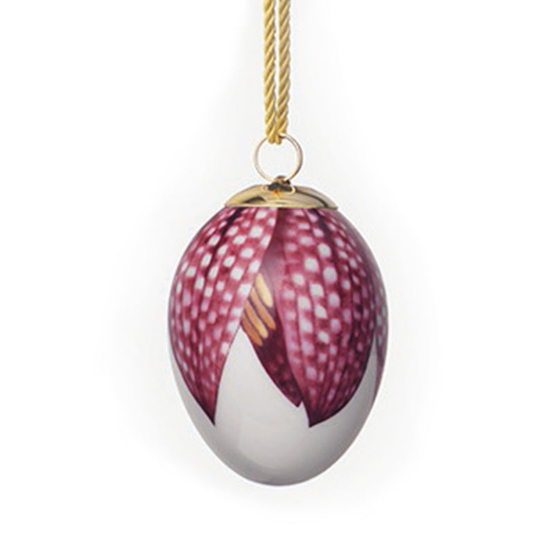 Hanging Easter egg ornament with purple check petal design and gold cord loop