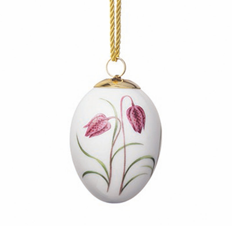 Royal Copenhagen Fritillary Easter Egg 2019 hanging ornament, white with pink flower design and cord