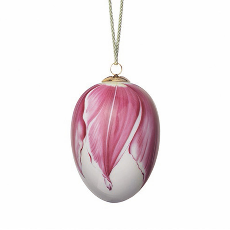 Pink and white Easter egg ornament with hanging cord loop