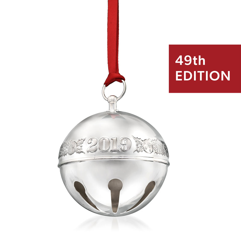 Silver sleigh bell ornament with red hanging ribbon, engraved 2019, polished metal