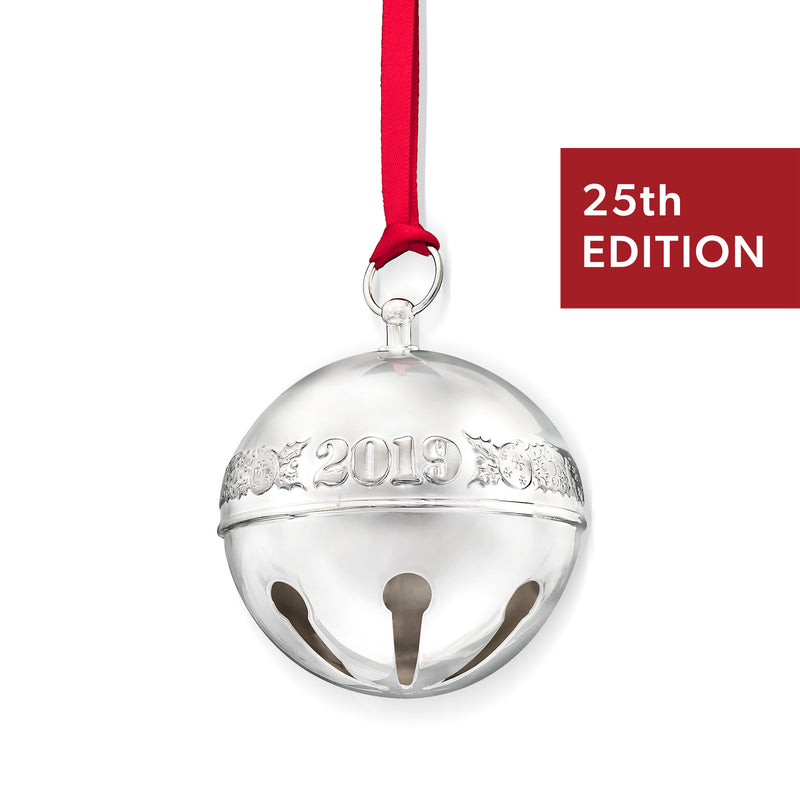 Sterling silver sleigh bell ornament with red ribbon, engraved 2019 on front