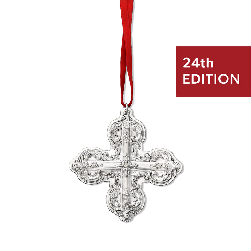 Sterling silver baroque cross ornament with ornate filigree and red ribbon, 24th edition