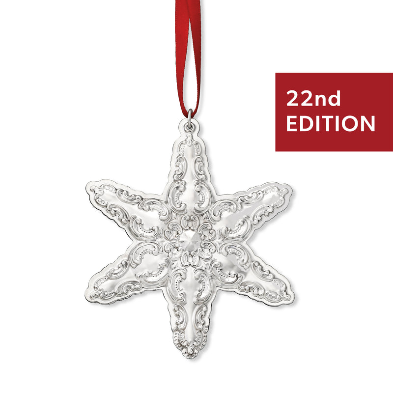 Sterling silver snowflake ornament with ornate baroque filigree, hanging loop at top