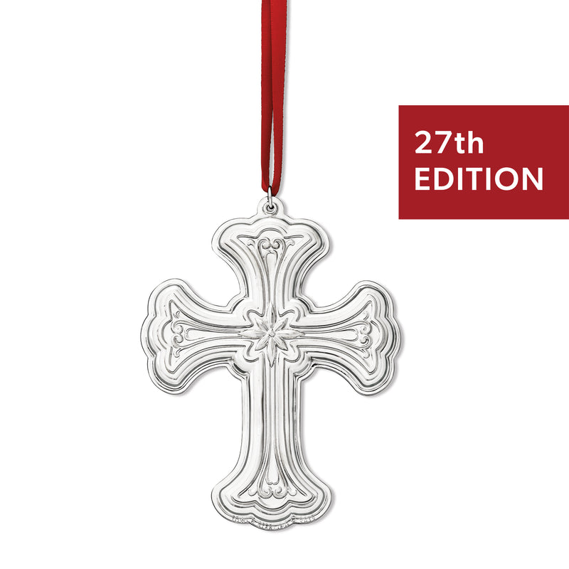 Sterling silver cross ornament with ribbon loop, 27th edition