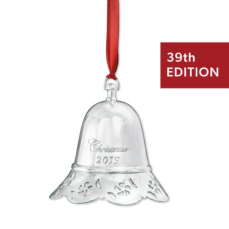 Towle silver plate musical bell ornament with red ribbon, engraved 2019 Christmas