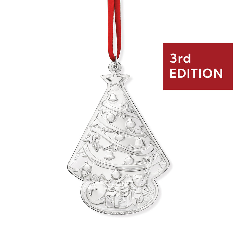 Sterling silver Christmas tree ornament, 3rd edition, with red hanging ribbon