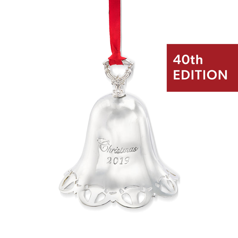 Silver plate Christmas bell ornament with red ribbon, engraved 'Christmas 2019'