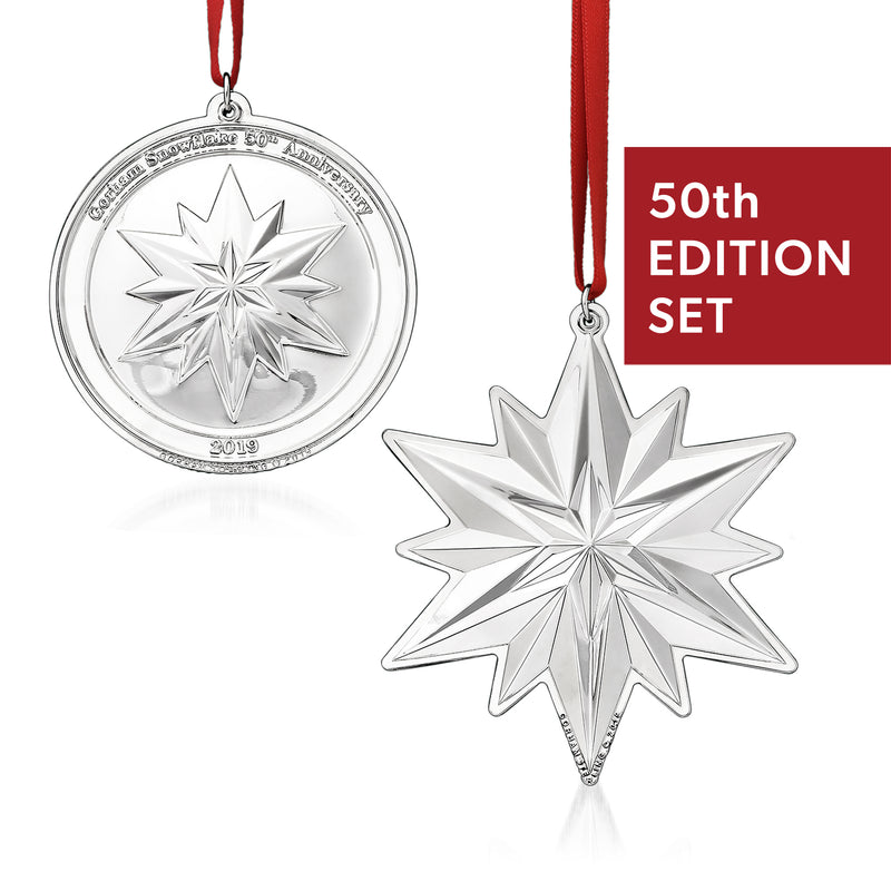 Gorham sterling silver snowflake ornament set with red ribbon and 2019 50th medallion