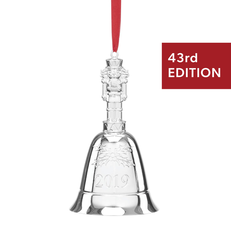 Silverplated musical bell ornament with 2019 engraving and hanging red ribbon