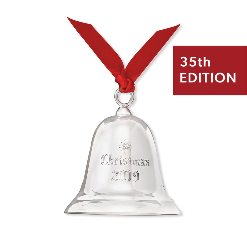 Sterling silver Christmas bell ornament, red ribbon, engraved 'Christmas 2019', 35th edition