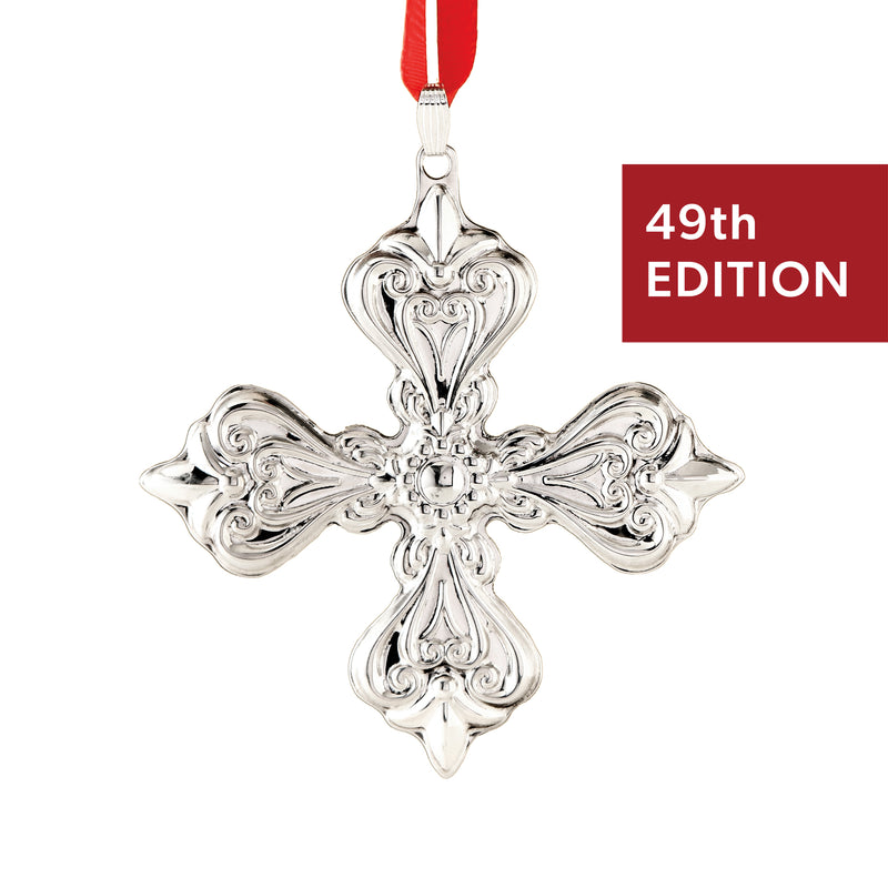 Reed & Barton sterling silver Christmas cross ornament with red ribbon, 49th edition