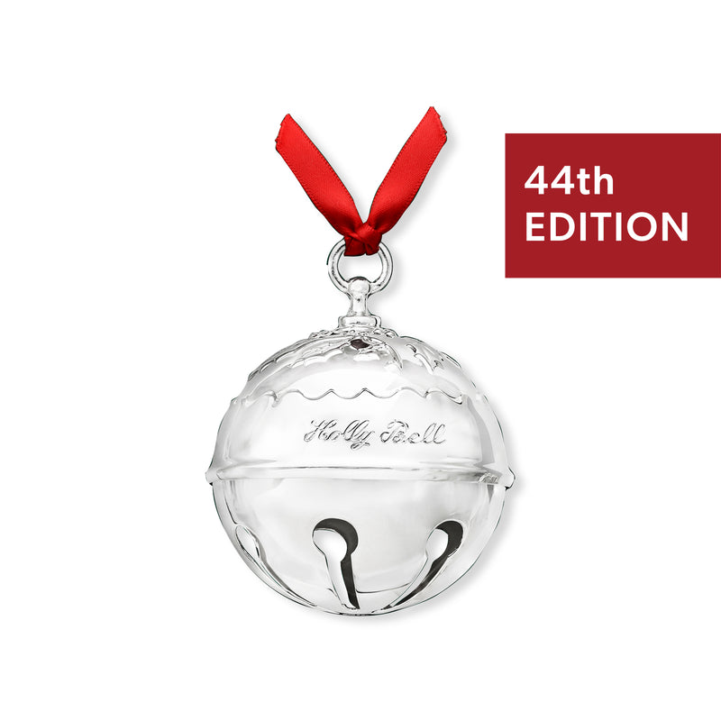 Reed and Barton holly bell ornament with red ribbon bow, engraved silver bell, 44th edition